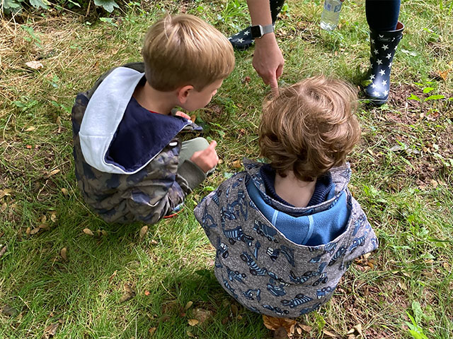 Two children hunting for bugs in the meadow